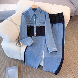 Women's Retro Regular Sweet Bow Collar Nonwoven 2-Piece Denim Set New Fashion Light Wash Long Sleeve for Autumn Cowboy Style