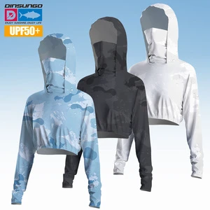 Quick Dry Breathable Cropped Fishing Top Women UPF 50 Ice Silk Sun Protective Long Sleeve Shirt with Face Mask Print Beach Wear