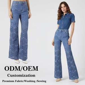 3D Embroidery Laser Cut Breathable Loose Floral Casual Washable Solid Jeans Women High Waist Distressed Wide Leg Flare Pants
