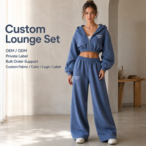 Private Label Two Piece Set Womens Denim Blue Cotton Fleece Cropped Hoodie Zip Up Wide Leg Drawstring Sweatpants Tracksuit