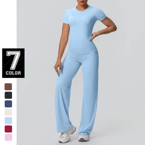 2pieces Female Sportswear Yoga Set Gym Running Shirts T-Shirt Quick Drying Workout Top Breathable Push up Wide Pants Yoga Set
