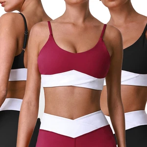 Thin Strap Color Block Yoga Bra Nude Feeling Removable Cups Shockproof Lifting Sports Vest for Women Running Workout