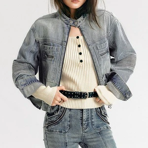 LARSUR Custom Factory Distress Wash Patchwork Denim Jacket Bomber Cropped Motorcycle Racing Jeans Jacket for Women