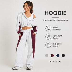 Women Color Block Full Zip Drawstring Cropped Hoodie Wide Leg Pants Lounge Set Soft Casual Matching Tracksuits Sweatsuit