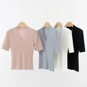 Custom 3/85s Breathable Solid Lyocell Silk Blend Casual Thin V Neck Short Sleeve Knit Top OEM ODM Women Pullover