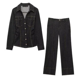 Women's Denim Set High-Waisted Jeans Suit with Lapel Long-Sleeved Denim Top Casual Canvas Ankle-Length for Daily Wear-Spring New