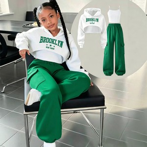 Tween Girls 3Pcs Sets Letter Crop Hoodie, White Cami Tank Top, Multi Pocket Cargo Jogger Pants Casual Children's Clothes Outfit