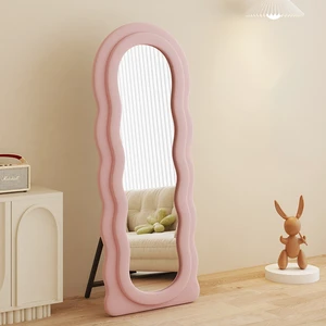 Modern Wavy Shaped Floor Standing Mirror With Velvet Wrapped Frame And Clean Ivory Color Mirrors