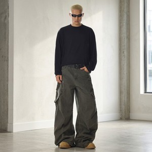 Men's American Vintage Knitted Denim Big Pocket Washed Cargo Pants High Street Loose Straight Pleated Parachute Trousers 13OZ