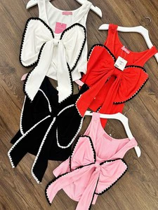 Women's Breathable Short Color Contrast Shell Lace Large Bow Multicolor Optional Casual Comfortable Sweet Knitted Vest