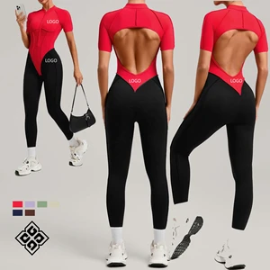Custom One Piece Workout Yoga Jumpsuit Contrast Color Sports Rompers Breathable Zipper Front Gym Fitness Jumpsuits
