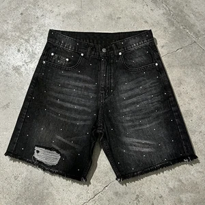 OEM ODM Custom Embroidery Eco Wash Straight Denim Shorts Streetwear Y2K Crystal Diamonds Vintage Washed Rhinestone Jorts for Men
