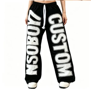 Y2K Streetwear Oversized Baggy Wide Leg Track Pants Hip Hop Custom Letter Print Distressed Elastic Waist Trousers
