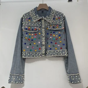 High Quality Heavy Beaded Rhinestone Color Crystal Diamond Decor Long Sleeve Women's Denim Jackets Winter Skinny Fit Vintage