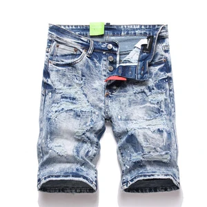 Men's Stonewashed Denim Shorts with Embroidery Hip Hop Utility Style High Street Pattern Breathable and Washable