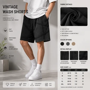 Heavy Weight Cotton Men's Distressed Denim Shorts Streetwear Acid Wash Shorts High Waist Sports 430G Splice Shorts