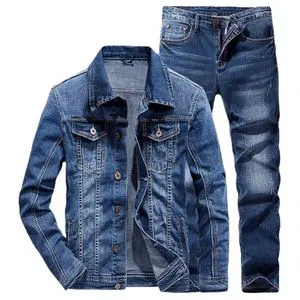 Fashion Hot Selling Men's Denim Suit Custom Fitness Two Piece Set Men's Bicycle Denim Jacket and Jeans Fabric Casual Knitted