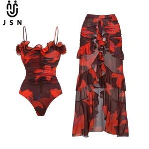JSN 2026 Customized Female Print One Piece Ruffles Bikini with High Cut Beach Cover up Sexy Backless Women's Swimwear Beachwear