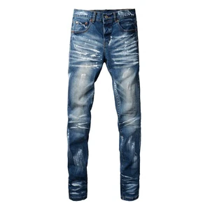 New Style Fashion Designer Skinny Motorcycle Denim Pants Stonewash Well-Worn Patch Washing Distressed Men's Jeans
