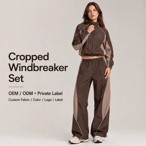 Custom Tracksuit Womens Cropped Windbreaker Zip Up Jacket With Contrast Piping Panel Wide Leg Drawstring Pants Tracksuit