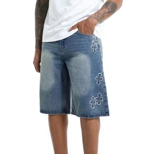 High Quality Vintage Style Men's Jorts Custom Baggy Denim Shorts with Rhinestones and Distress Summer Streetwear