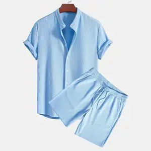 OEM custom logo embroidery printed design men's casual loose multicolor beach wear pit stripe short sleeve suit two-piece Set
