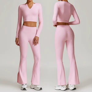 DTZ8900-3 Sports Yoga Pants for Women With High Waist Slits and Wide-leg Flares Fitness Trousers