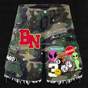 Custom Y2k Embroidery Patches Camo Distressed Denim Shorts Hommes Vintage Baggy Camouflage Cargo Hombre Jorts Men's Streetwear