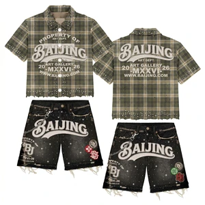 Custom Men Breathable Plaid Shirt Knitted Shorts Set Checked Short Sleeve Jacket Cargo Streetwear Private Label Low MOQ OEM ODM