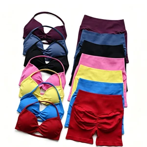 Ruched Seamless Yoga Set Women Sportswear Gym Shorts Strappy Sports Bra 2 Piece Set Halter Workout Clothes Fitness Suit