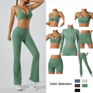 Wholesale Custom Multi-Piece Workout Yoga Set Women Tight-fit Yoga Bra High Waist Fitness Sports Shorts Flared Pants Yoga Outfit