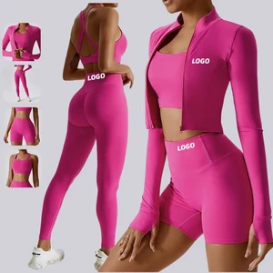 Women's Plus Size Long Sleeve 3 Piece Yoga Set Waterproof Athleisure Fitness Clothing Gym Sweat Suit Butt Lift Ropa Bra