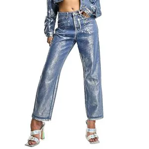 Women's Jeans New Metal Silver Waist Wide Leg Casual Pants Women's Metallic Jeans
