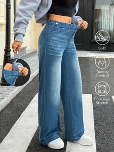 New Women's Plus Size Jeans Boyfriend Elastic Waist Pockets High Stretchy Wide Leg Denim Jeans Washed Casual Jeans