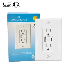 American 15A 125V Fast Charger USB Wall Outlet Tamper-Resistant Electrical White Receptacle Plastic CETL Listed