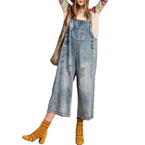 Custom Branded Jeans Denim Women's Work Overalls Blue Rompers and Jumpsuit Distressed Bootcut Baggy Jeans Pants