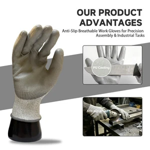 Customizable Factory Cut Level C Grey PU Coated Cut Resistant Working Gloves High CPR Safety Gloves For Warehouse Sorting
