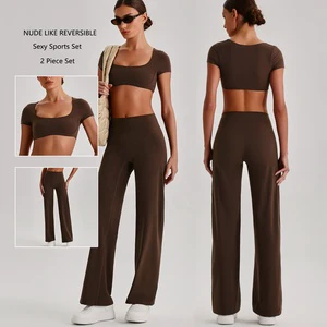 TK Hot Selling Yoga Set Short Sleeve Crop Top High Waist Straight Leg Pants Nude Feel Workout Set Gym Running Outdoor Sports