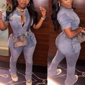 New Arrivals Women's Jeans Stretch Big Pocket Slim Fit One Piece Workout Jeans Casual Cargo Denim Rompers Women Jumpsuits