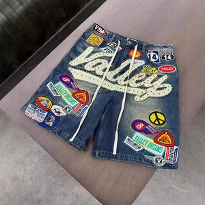 Men's Luxury Rhinestone Denim Shorts Y2K Baggy Jorts Patchwork Embroidered Jean Shorts Custom Logo High Street Hip Hop Shorts