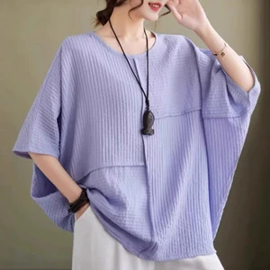 Wholesale Plus-Size Women's 100% Cotton Pleated Loose Fit Crew-Neck Long T-Shirts with Silk Screen Logo for Summer Wear