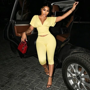 Solid Color V-neck Pleated Short Sleeved Top Skinny Fit Shorts Two Piece Set Spandex/Cotton Summer