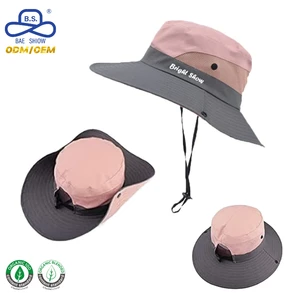 OEM ODM Colorblocked Custom Logo UV Protection Wide Brim Sun Hat With Mesh Panel & Chin Strap For Hiking Fishing Wear