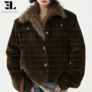 LARSUR Custom Factory Distressed Wash Corduroy Bomber Jacket With Removable Fur Collar Motorcycle Denim Jean Work Jacket Women