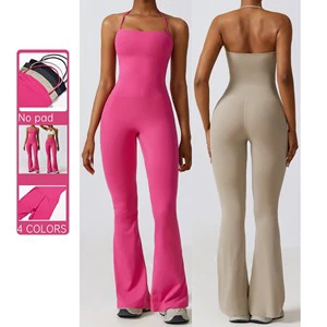 Custom Logo Fashion Design Solid Yoga Rompers Women Jogging Wear One Piece Flare Leggings Compression Bodycon Jumpsuit
