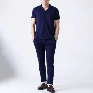 Men's Sweat Suit tracksuit Men Navy Blue Two-Piece Set Short Sleeve Button-Up Shirt + Slim Pants Casual Co-ord Outfit