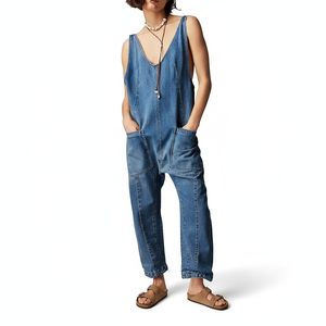 OEM Women's Summer Fashion Casual Denim Overall Jumpsuit Loose Fit Sleeveless V-Neck Adjustable Straps Solid Pattern Long Pants
