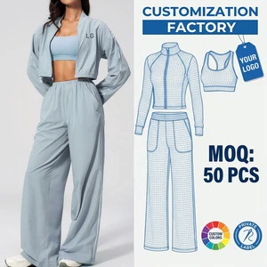 Custom 3 Piece Yoga Set Women Stitched Crop Zip Up Jacket And Wide Leg Pants Workout Athletic Gym Sportswear Suits