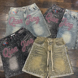 Men's Vintage All Over Luxury Rhinestone Streetwear Clothing Manufacturer Hem Cut Sun Faded Custom Belt Loop Pickle Denim Shorts