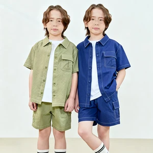 Custom Tag 95% Cotton Solid Color Denim Outfit For Summer Casual Infant Toddler Boys & Girls Clothes Set-Top Shorts & Shirt Kids